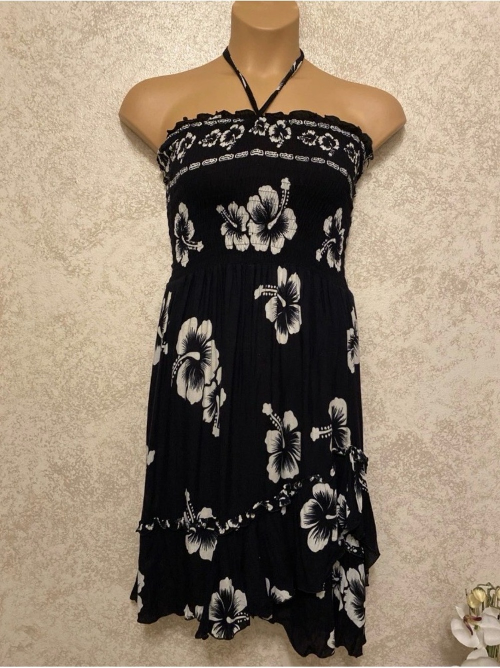 Black Floral Halter Smocked Asymmetrical Sundress